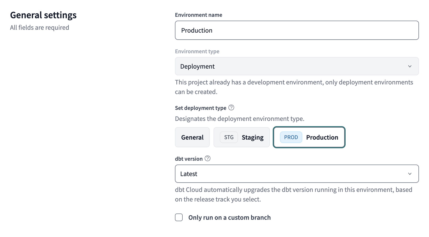 Example environment settings in dbt Cloud Example environment settings in dbt Cloud